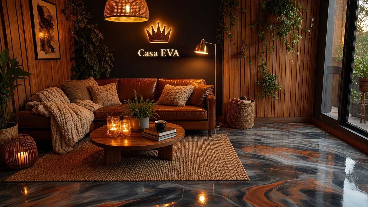 The Casa EVA Salon lounge: cognac leather sofa, knit throws and candlelight