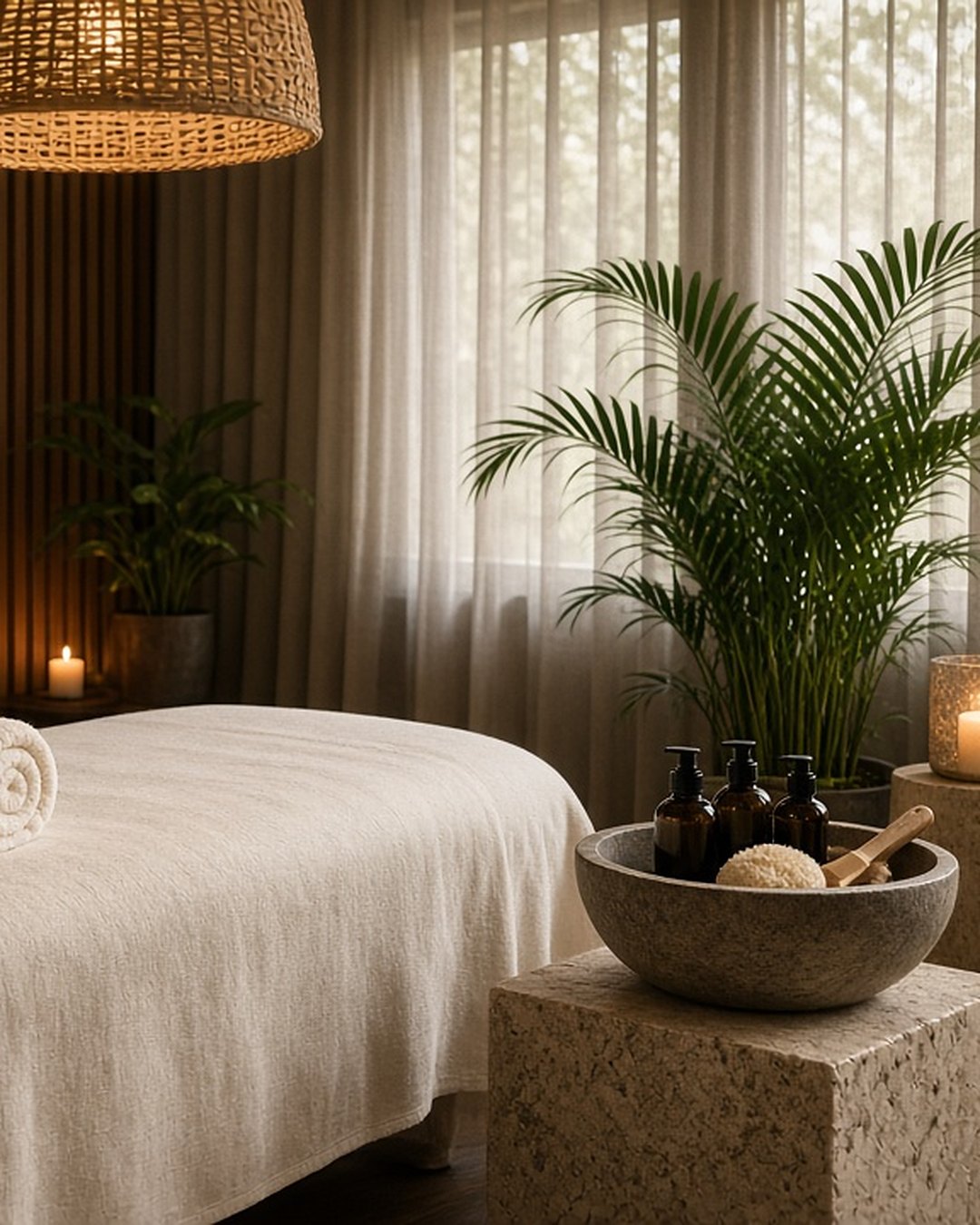 A quiet treatment room with sheer curtains, a palm, a lit candle and a stone bowl of amber bottles beside a cream-draped bed
