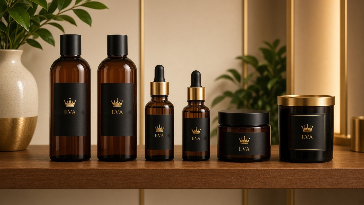 EVA skincare and body oils on a warm wood shelf