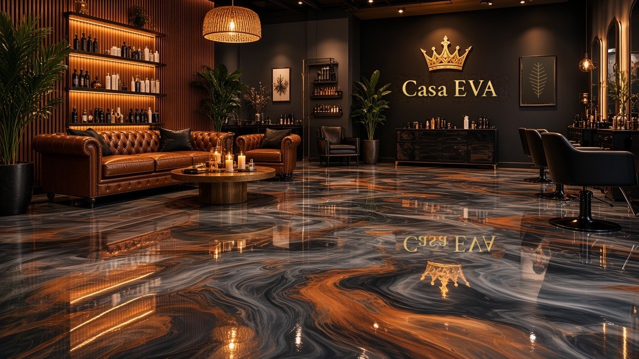Amber-lit shelves, a tufted cognac leather sofa and the styling chairs on a copper-swirled floor